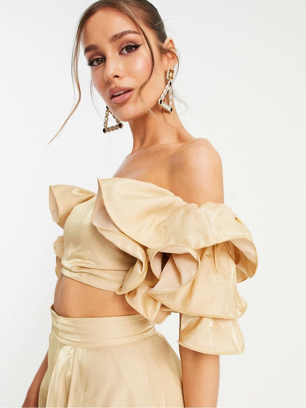Yaura Metallic Ruffle Off The Shoulder Crop Top NWT Size US 8 UK 12 Gold